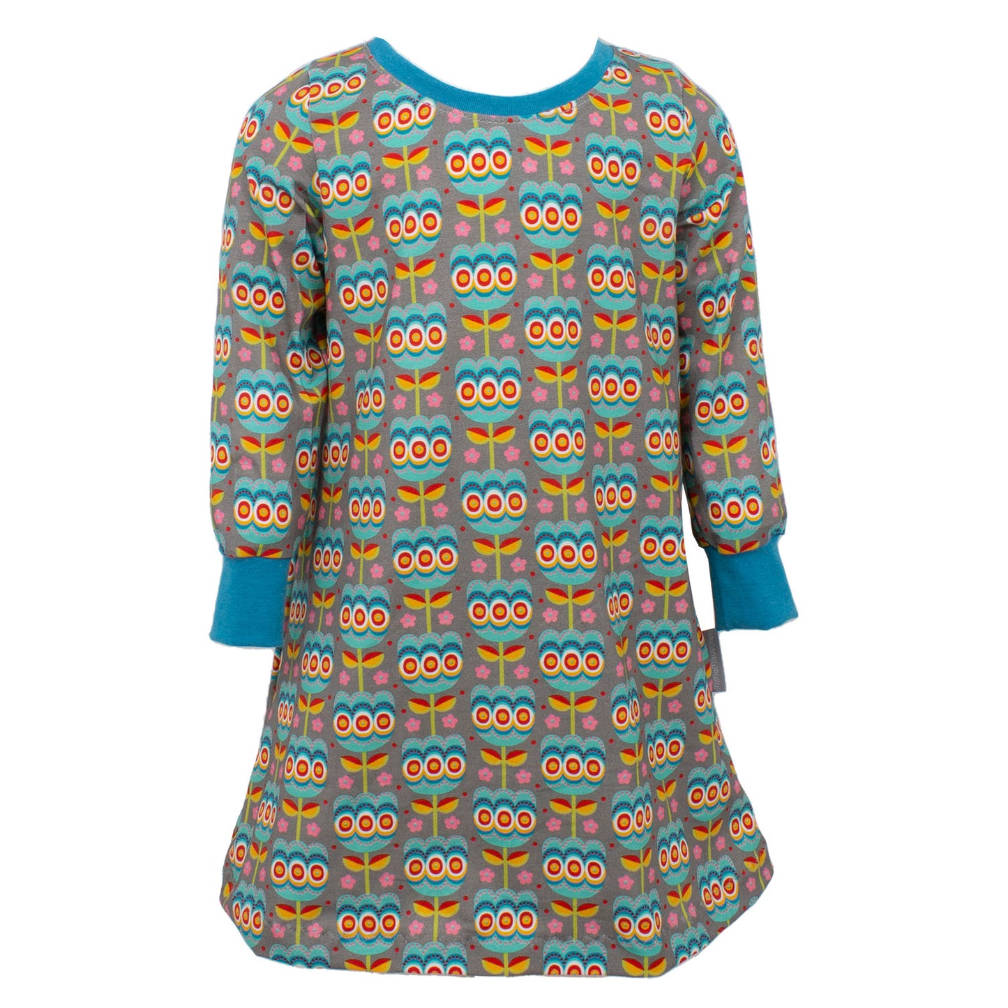 Kinder Basic Langarmkleid Retro Tulpen grau