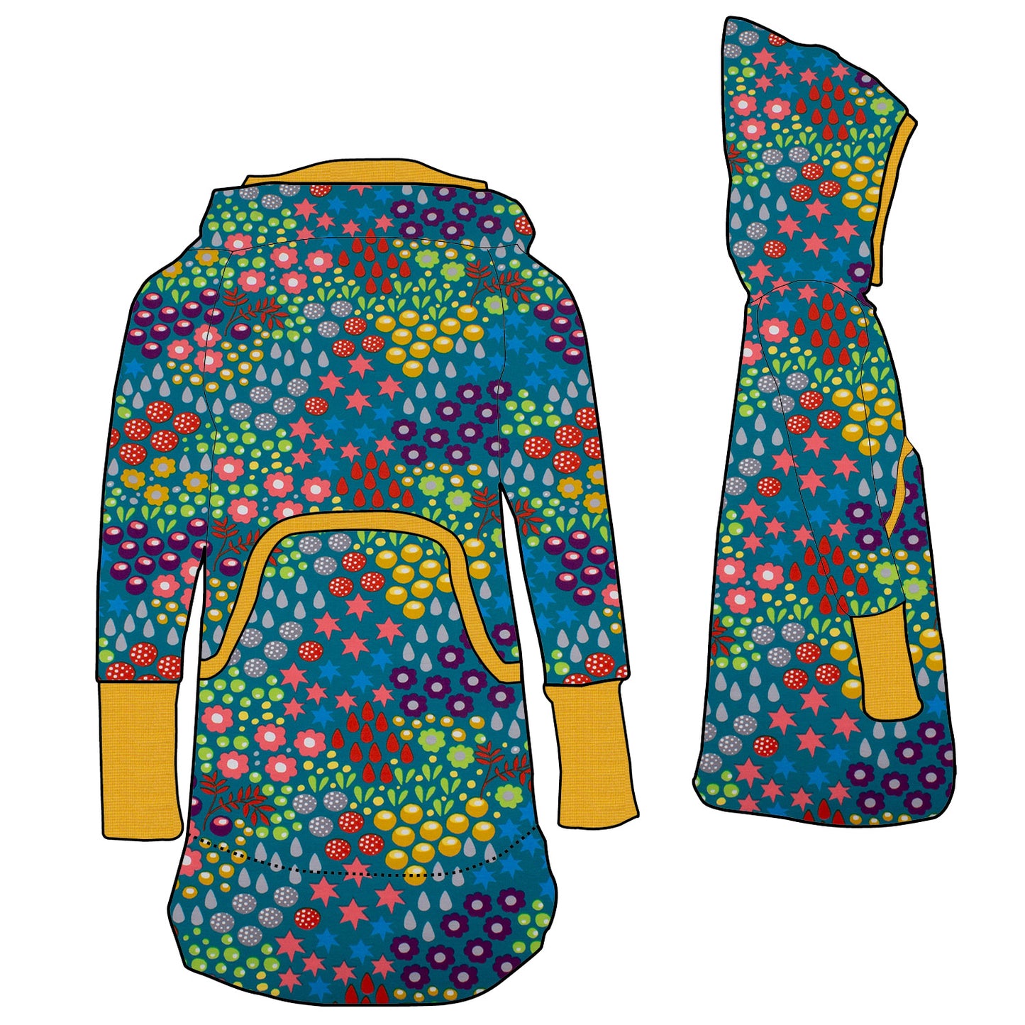 Damen Retrokleid Hoodiekleid Retro Blumenwiese türkis