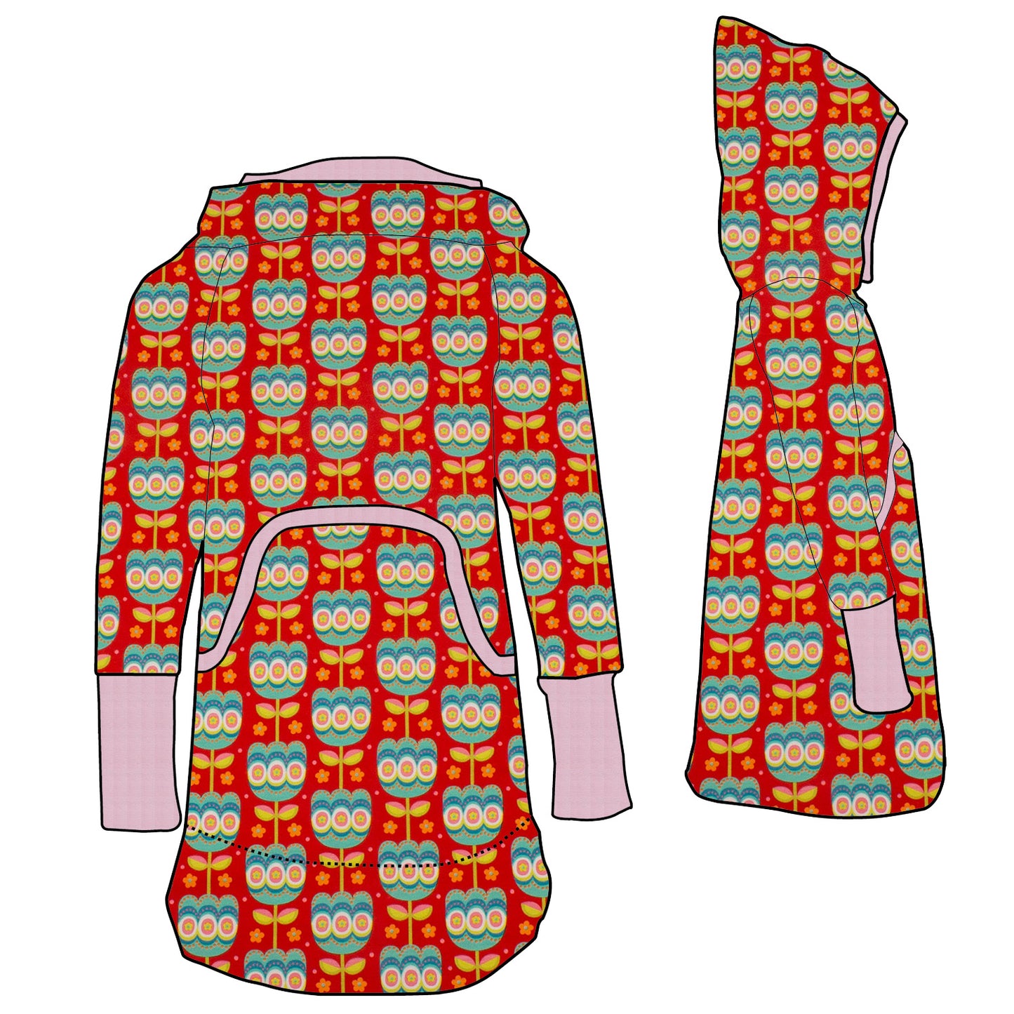 Damen Retrokleid Hoodiekleid Retro Tulpen rot