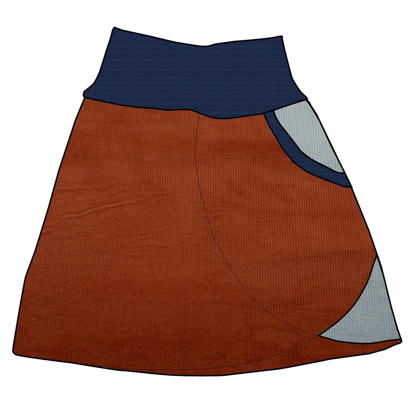 Damen Cordrock / falscher Wickelrock Cord Rostrot / Eisblau