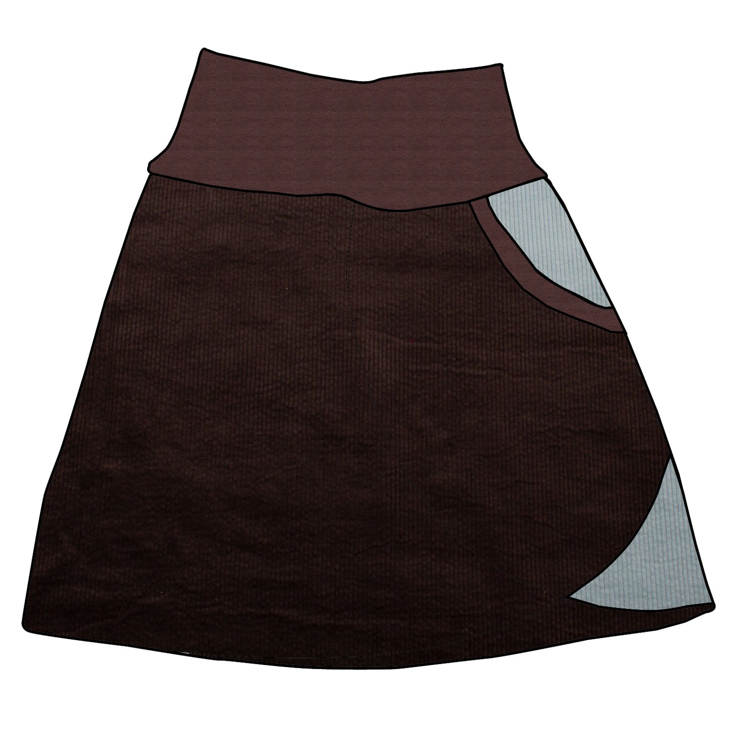 Damen Cordrock / falscher Wickelrock Cord Schokobraun / Eisblau