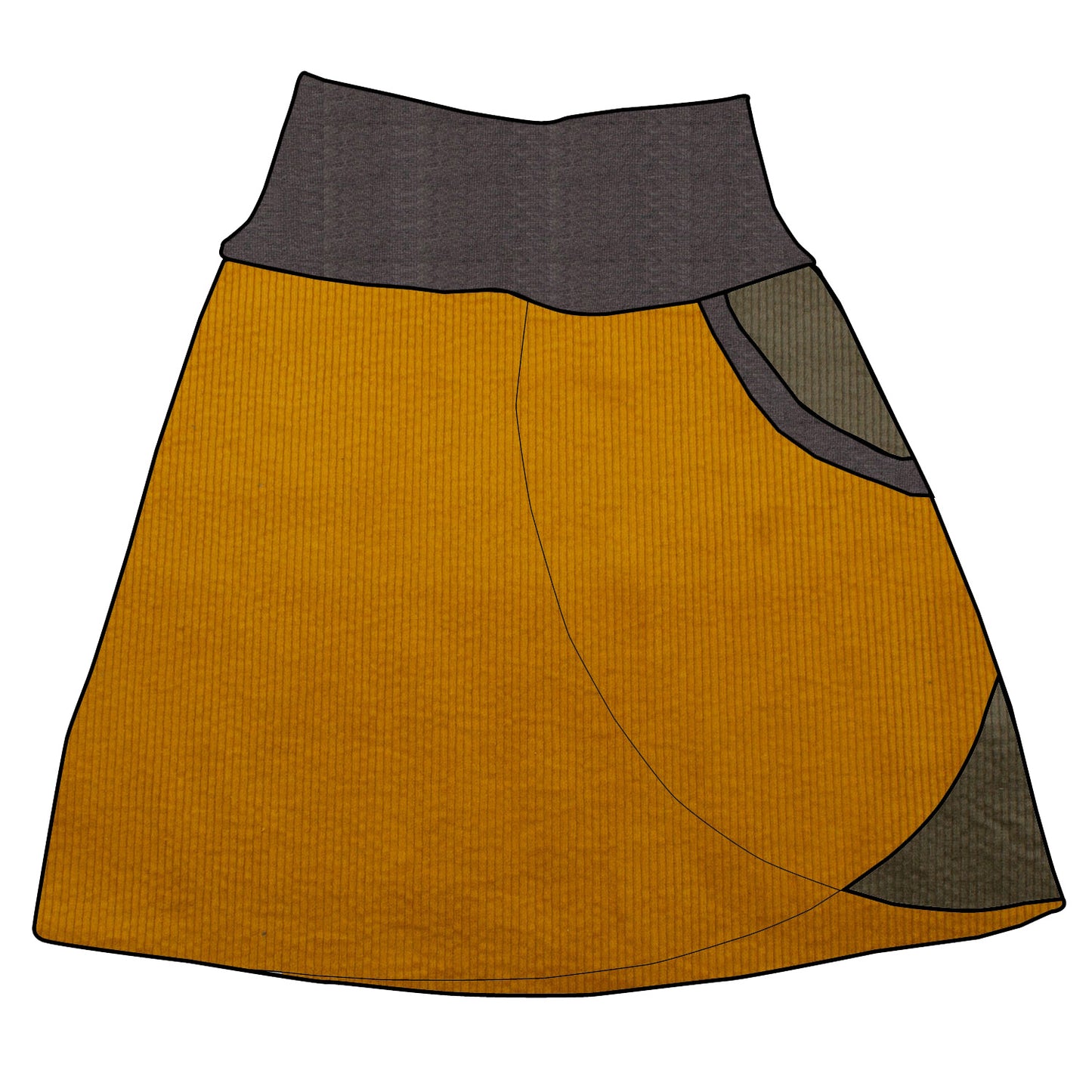 Damen Cordrock / falscher Wickelrock Cord Senf / Khaki