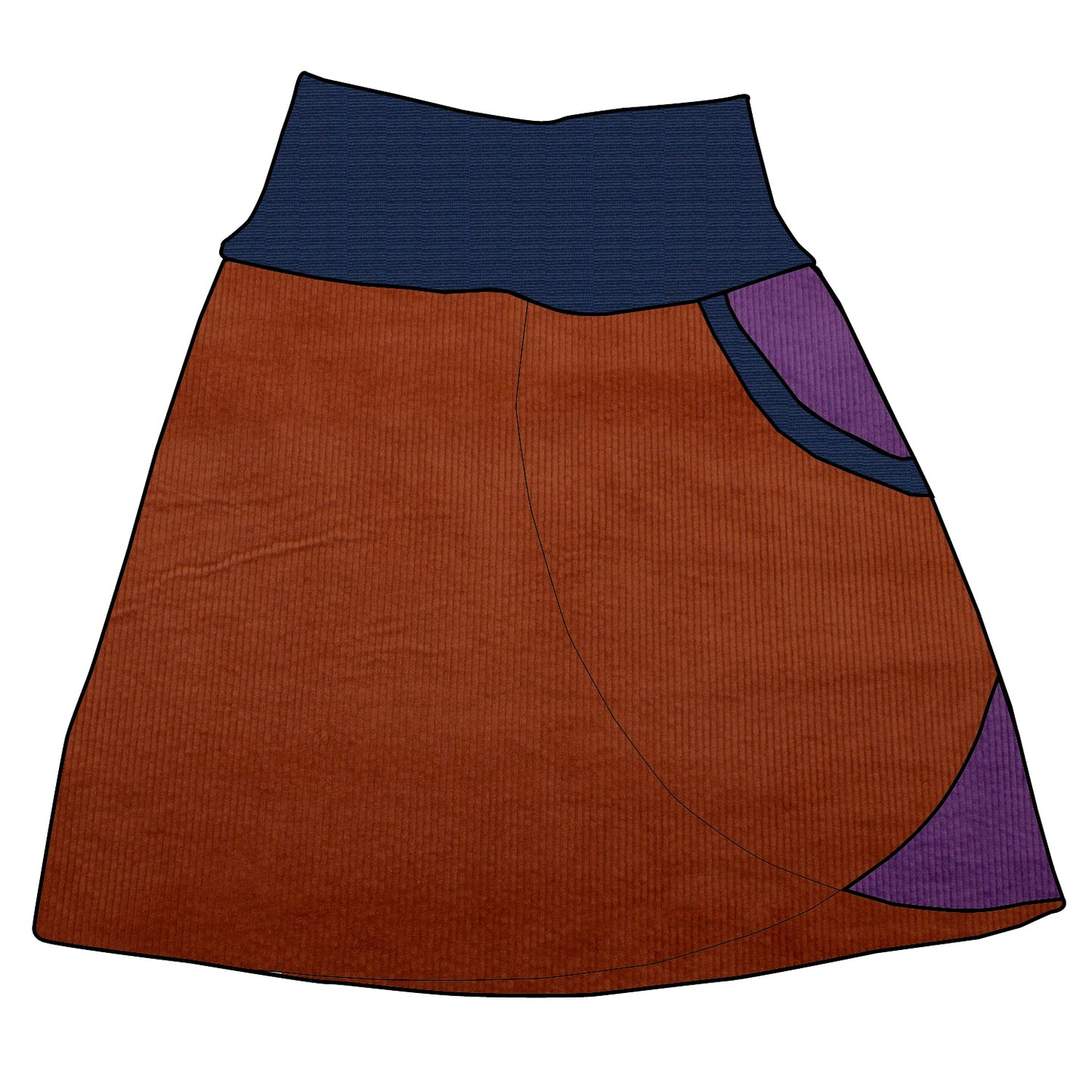 Damen Cordrock / falscher Wickelrock Cord Rostrot / Lila