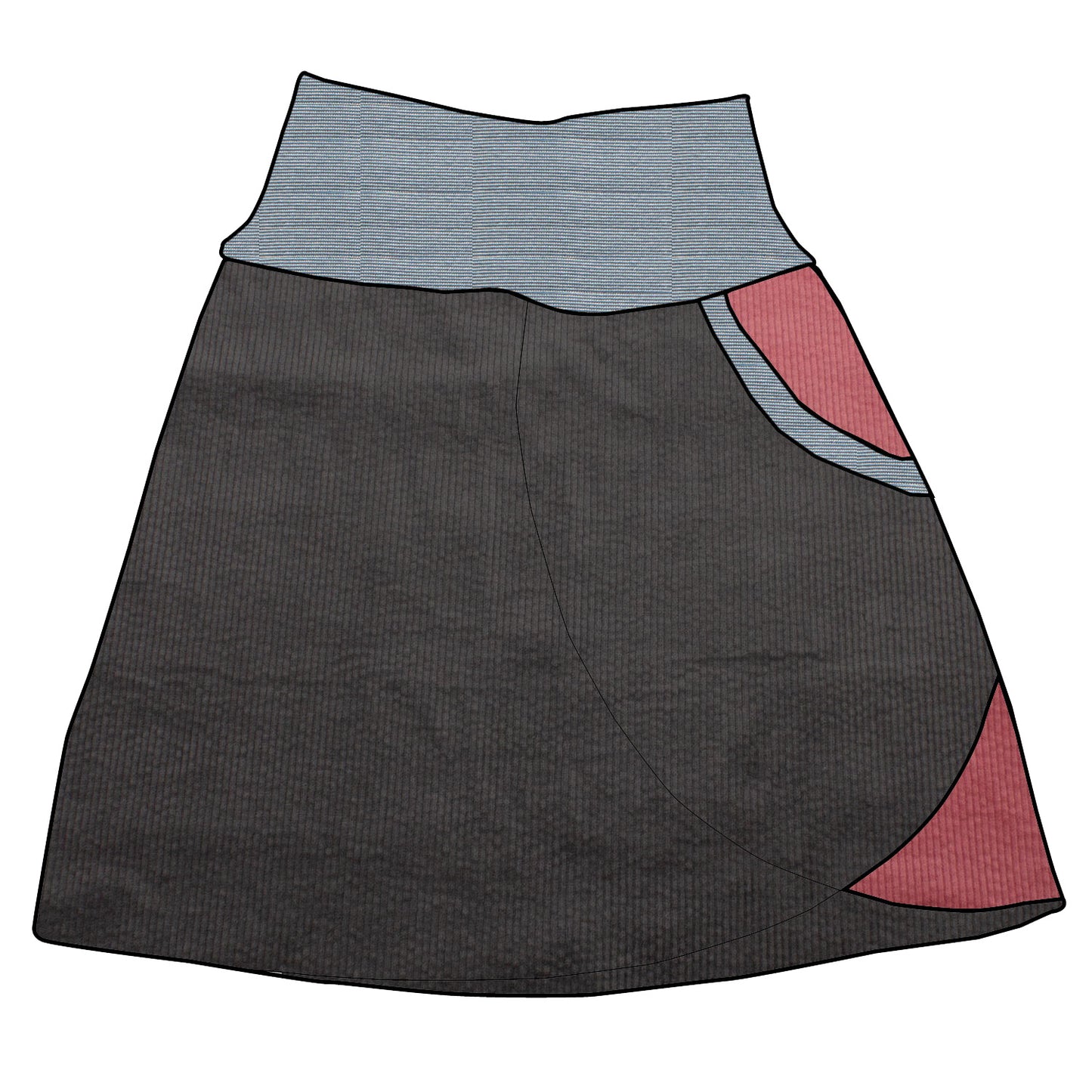 Damen Cordrock / falscher Wickelrock Cord Dunkelgrau / Rosa
