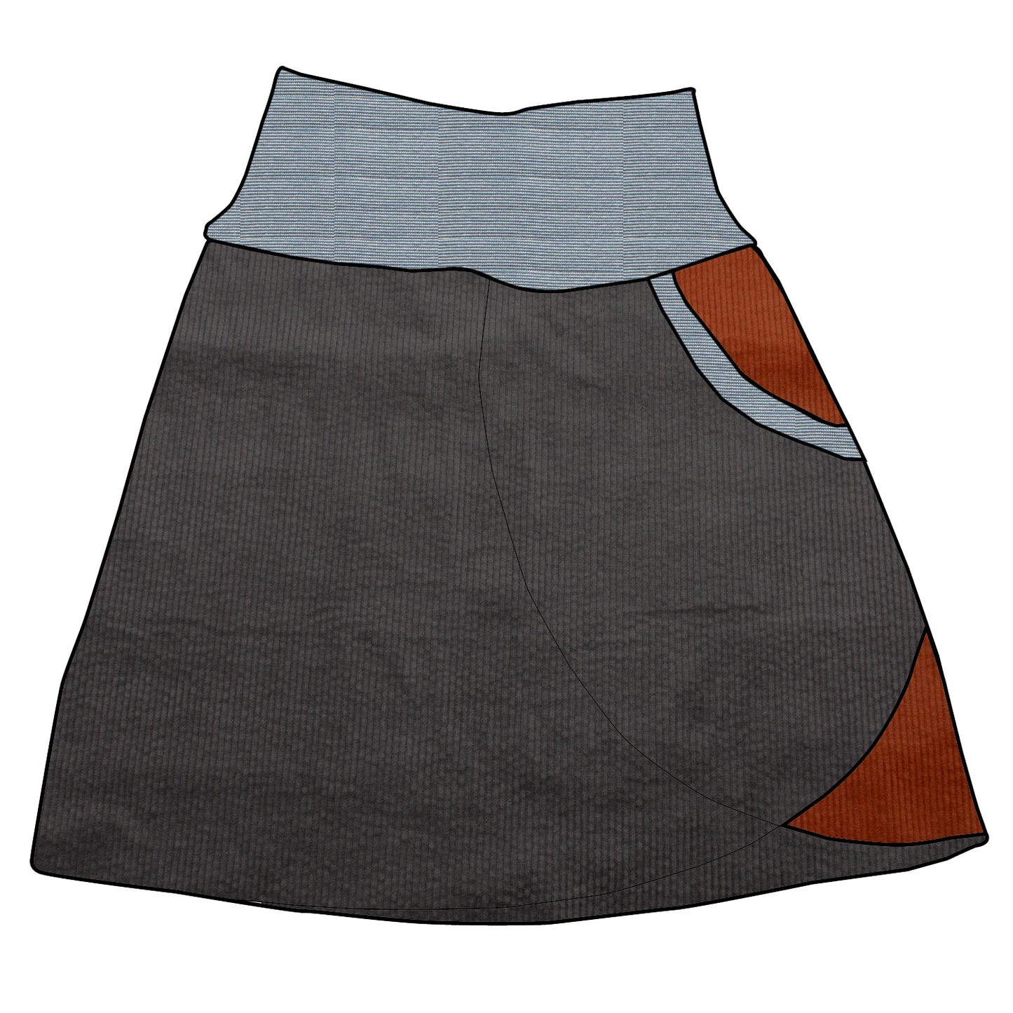 Damen Cordrock / falscher Wickelrock Cord Dunkelgrau / Rostrot
