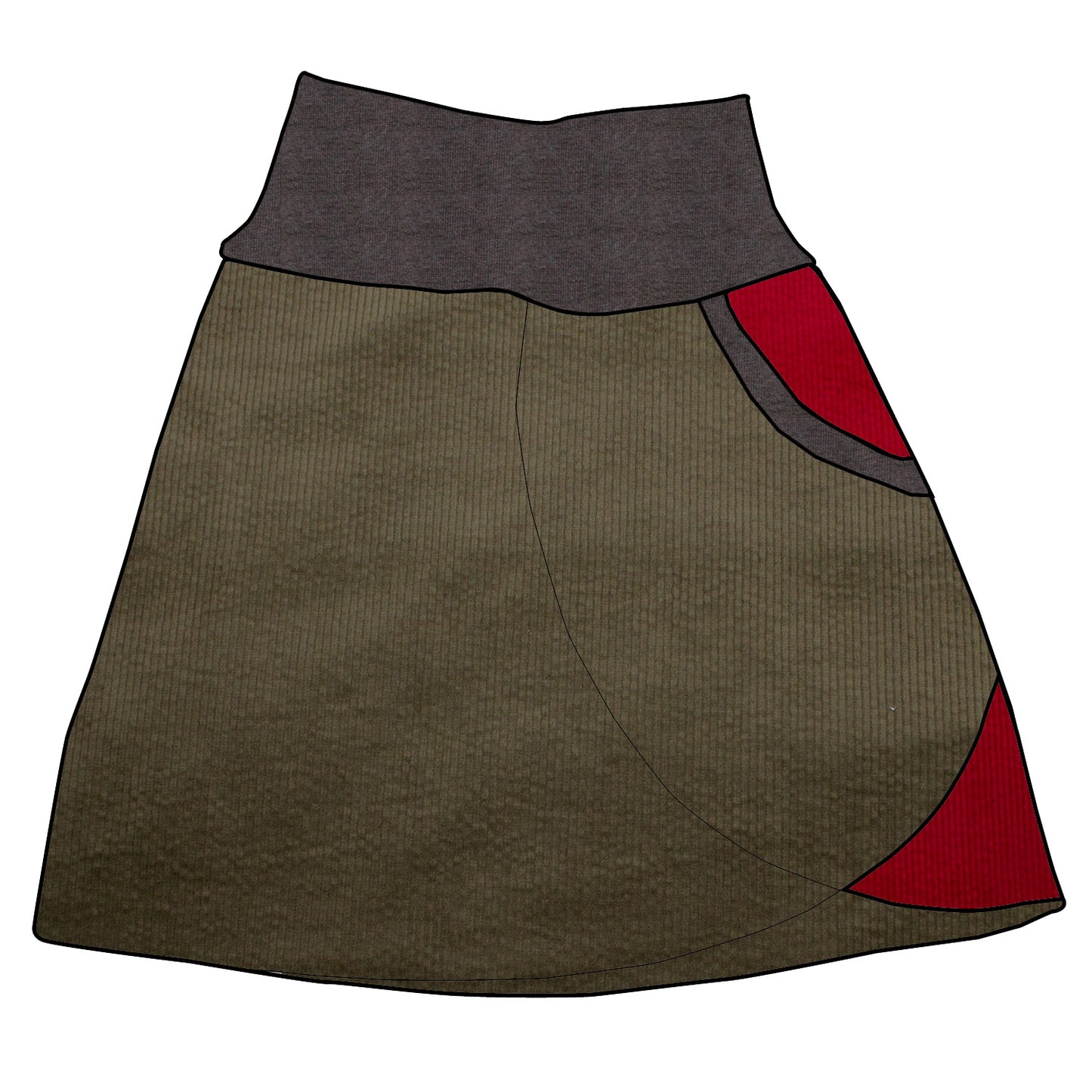 Damen Cordrock / falscher Wickelrock Cord Khaki / Rot