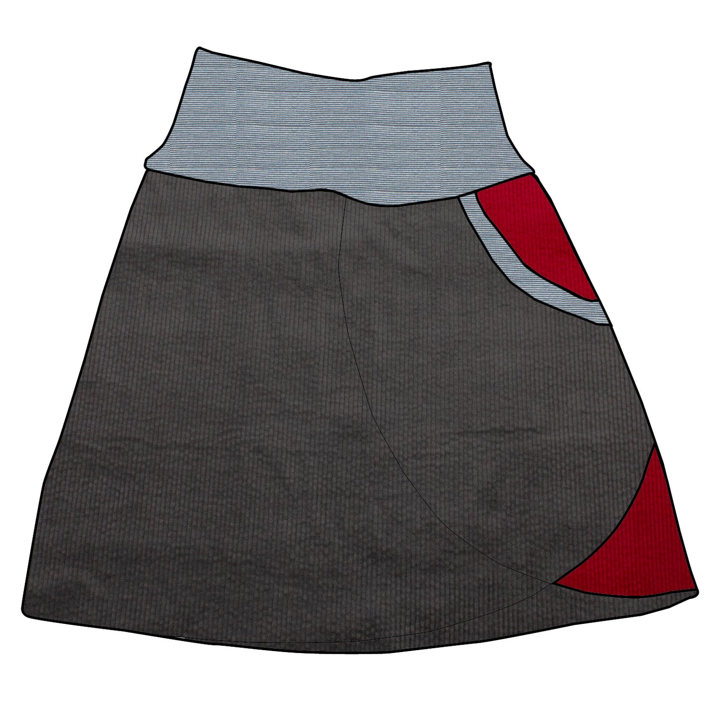 Damen Cordrock / falscher Wickelrock Cord Dunkelgrau / Rot