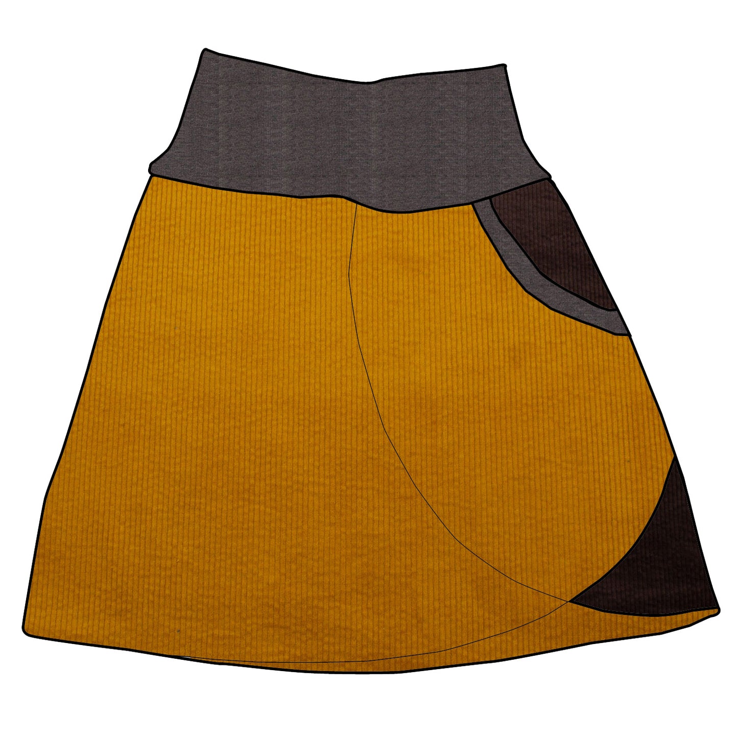Damen Cordrock / falscher Wickelrock Cord Senf / Schokobraun