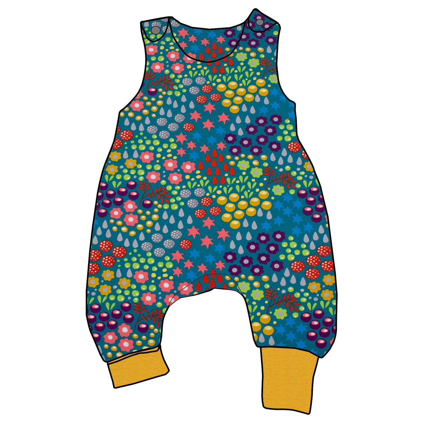Baby Strampler / Einteiler Retro Blumenwiese türkis