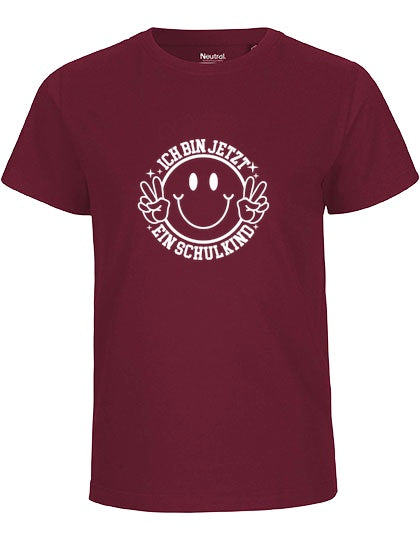 MiMaMäuschen Kinder Bio T-Shirt Schulkind Ich bin jetzt ein Schulkind (weißer Druck) 1 – Bordeaux