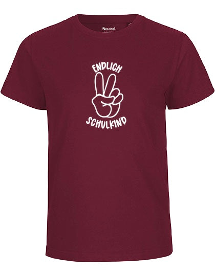 MiMaMäuschen Kinder Bio T-Shirt Schulkind Endlich Schulkind Peace (weißer Druck) 1 – Bordeaux