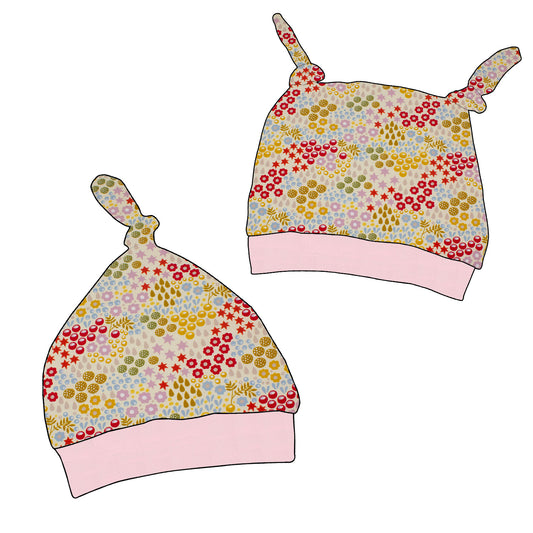 Kinder Knotenmütze Retro Blumenwiese creme
