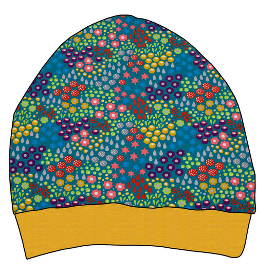 Kinder Beaniemütze Retro Blumenwiese türkis