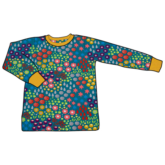 Kinder Basic Langarmshirt Retro Blumenwiese türkis