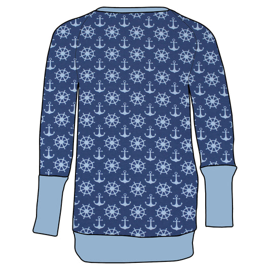 Kinder Retro Langarmshirt Anker Steuerrad blau
