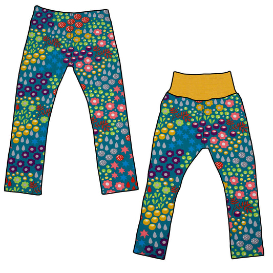 Kinder Leggings Skinny Hose Retro Blumenwiese türkis