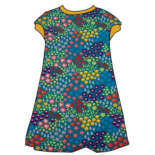 Kinder Tunikakleid / Kurzarmkleid Retro Blumenwiese türkis