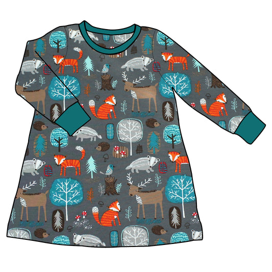 Kinder Basic Langarmkleid Waldtiere grau