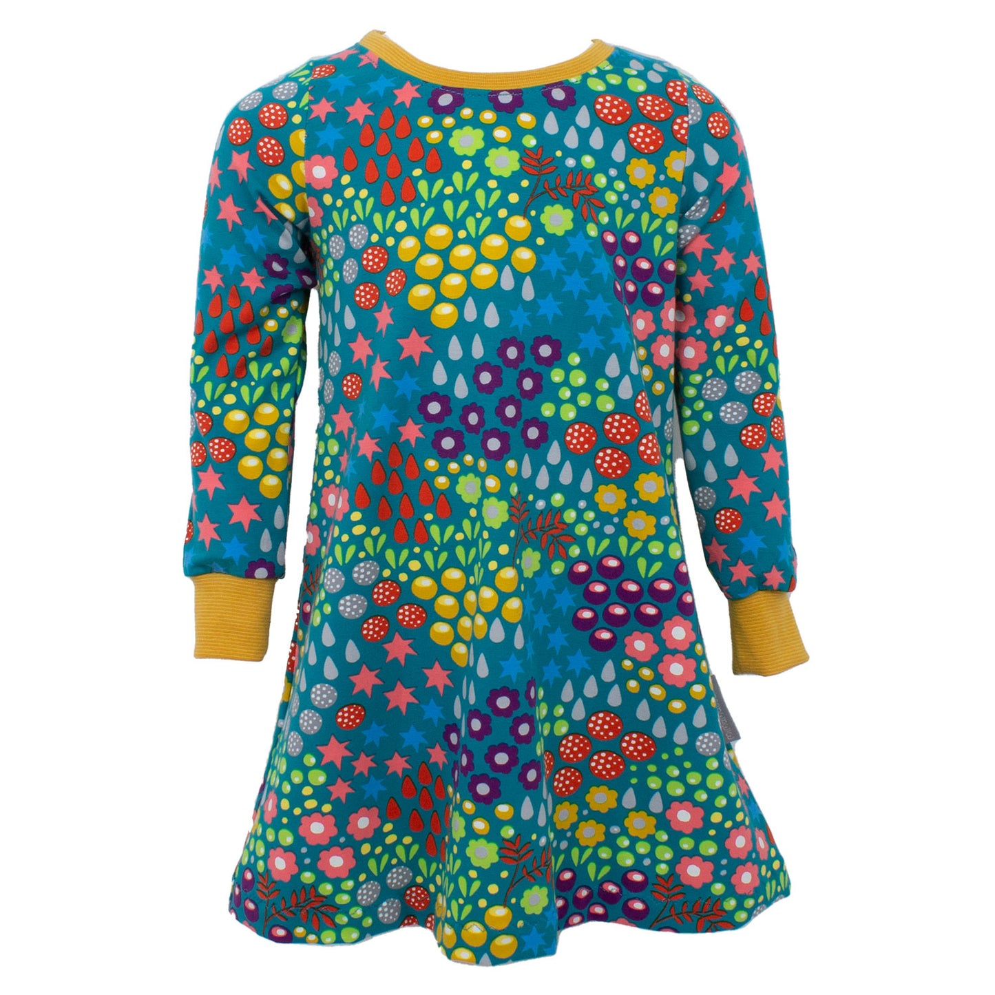 Kinder Basic Langarmkleid Retro Blumenwiese türkis