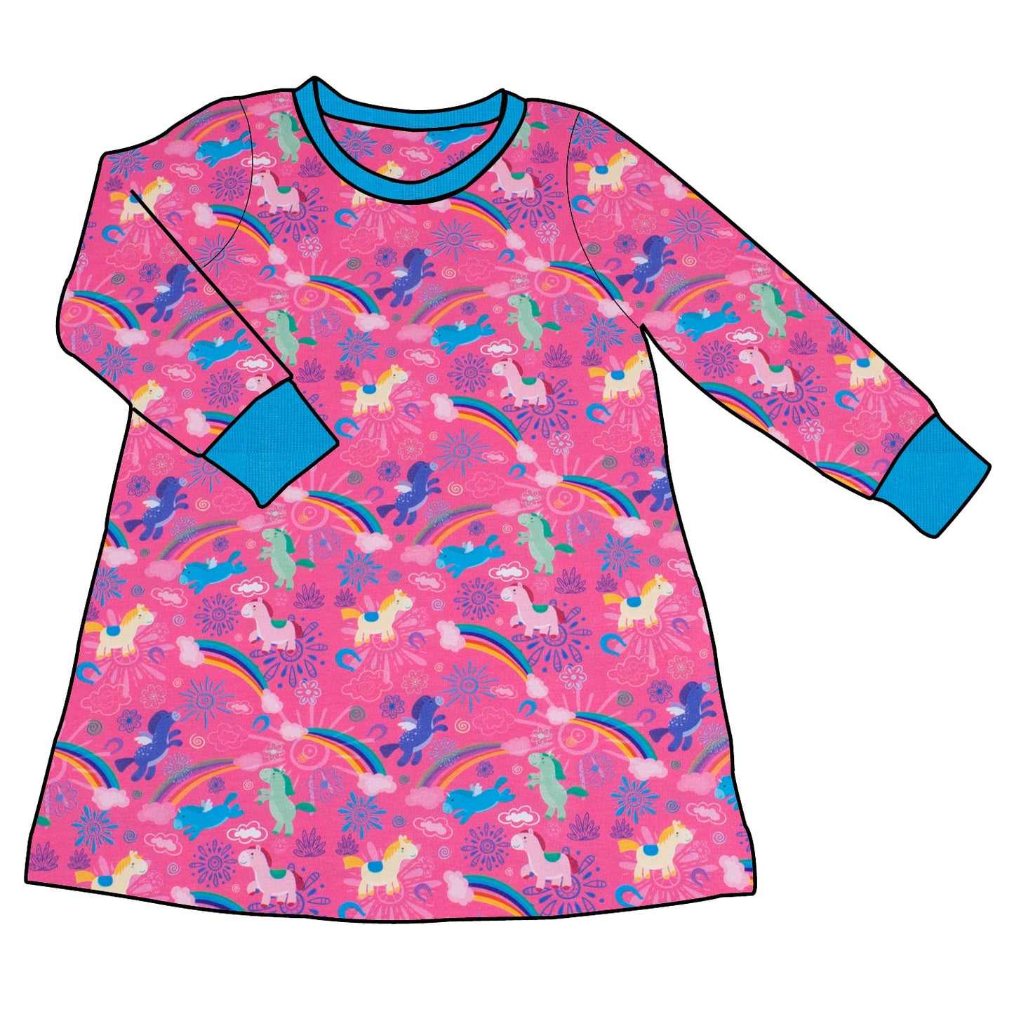 Kinder Basic Langarmkleid Regenbogen Einhörner