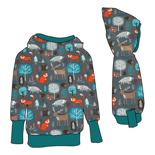 Kinder Retrohoodie Waldtiere grau