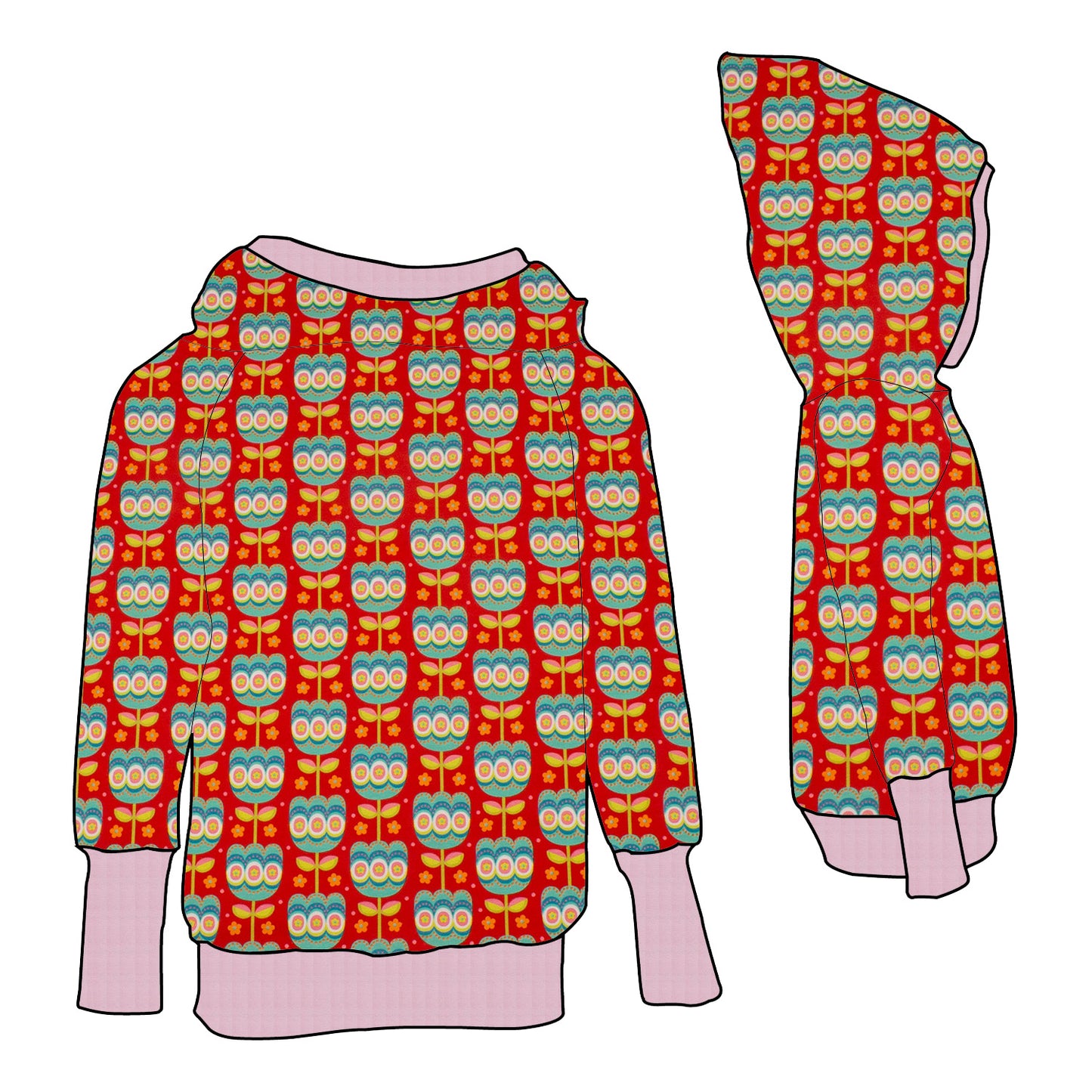 Damen Retrohoodie Retro Tulpen rot