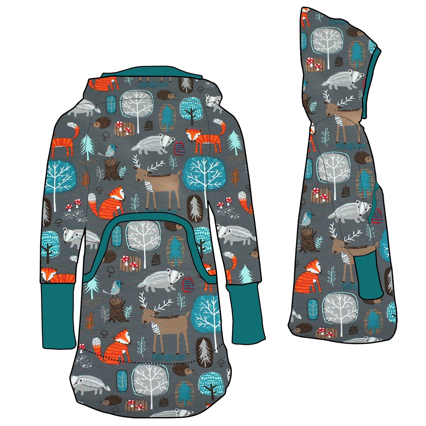 Kinder Retrokleid Hoodiekleid Waldtiere grau
