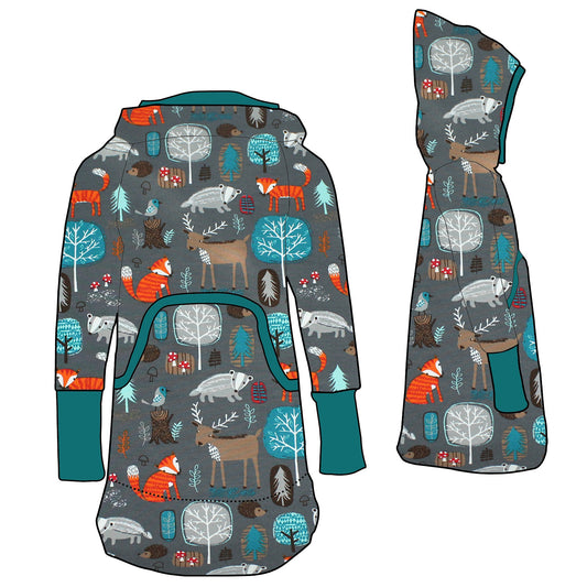 Kinder Retrokleid Hoodiekleid Waldtiere grau