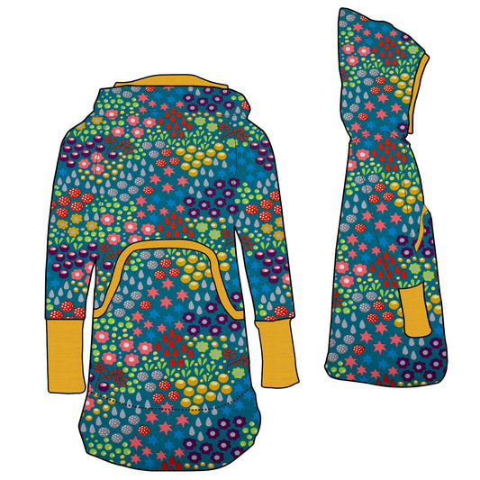 Damen Retrokleid Hoodiekleid Retro Blumenwiese türkis