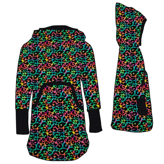 Damen Retrokleid Hoodiekleid Leo Regenbogenfarben