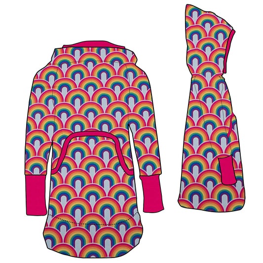 Damen Retrokleid Hoodiekleid Regenbogen bunt