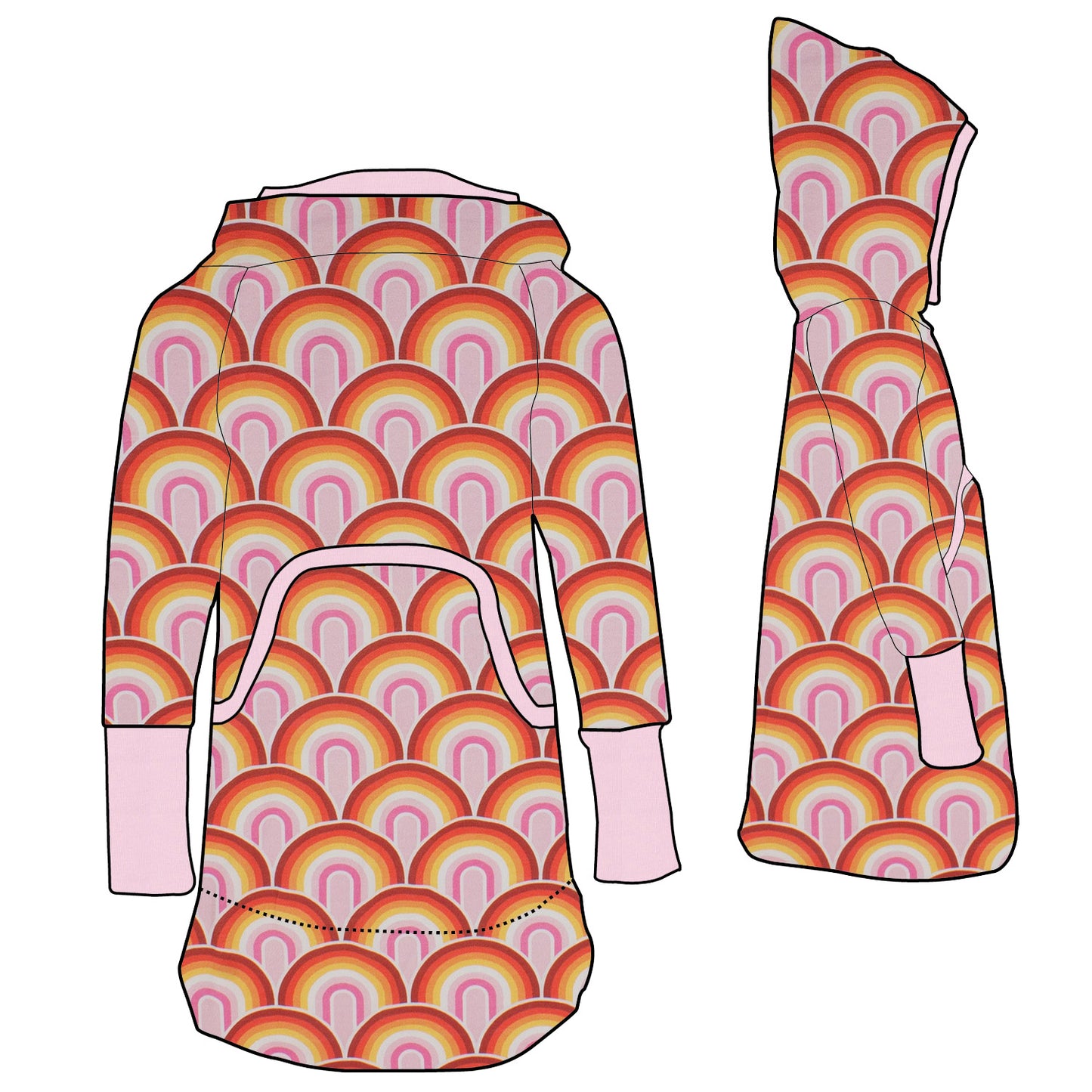 Damen Retrokleid Hoodiekleid Regenbogen rosa