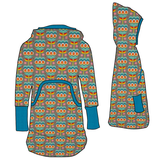 Damen Retrokleid Hoodiekleid Retro Tulpen grau