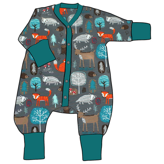 Kinder Einteiler Jumpsuit Waldtiere grau
