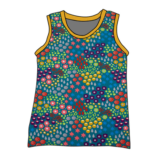 Kinder Unterhemd / Tanktop Retro Blumenwiese türkis