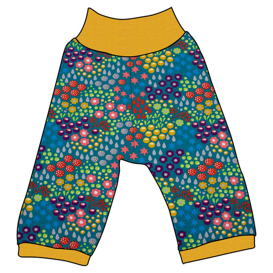 Kinder 3/4 Caprihose Sommerhose Retro Blumenwiese türkis