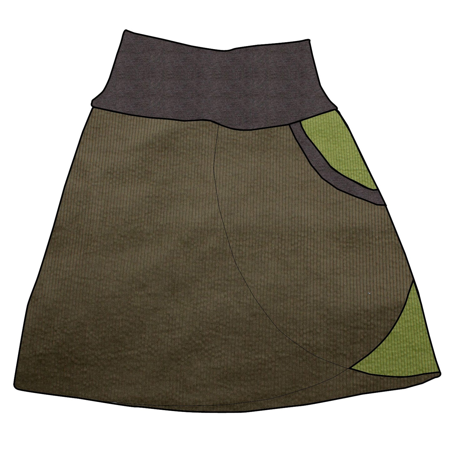 Damen Cordrock / falscher Wickelrock Cord Khaki / Apfelgrün