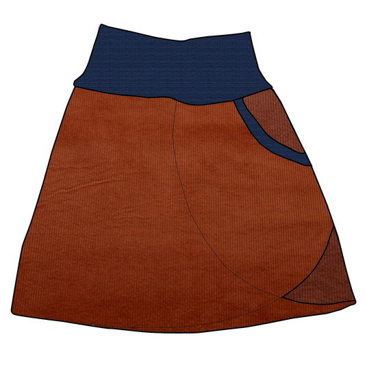 Damen Cordrock / falscher Wickelrock Cord Rostrot / Braun