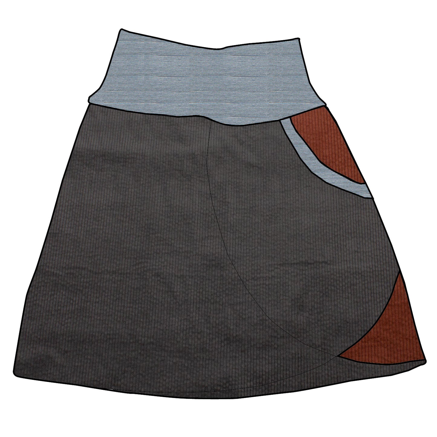 Damen Cordrock / falscher Wickelrock Cord Dunkelgrau / Braun