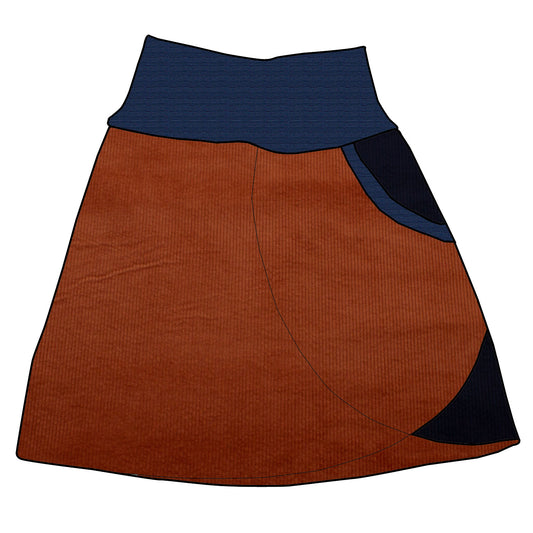 Damen Cordrock / falscher Wickelrock Cord Rostrot / Dunkelblau
