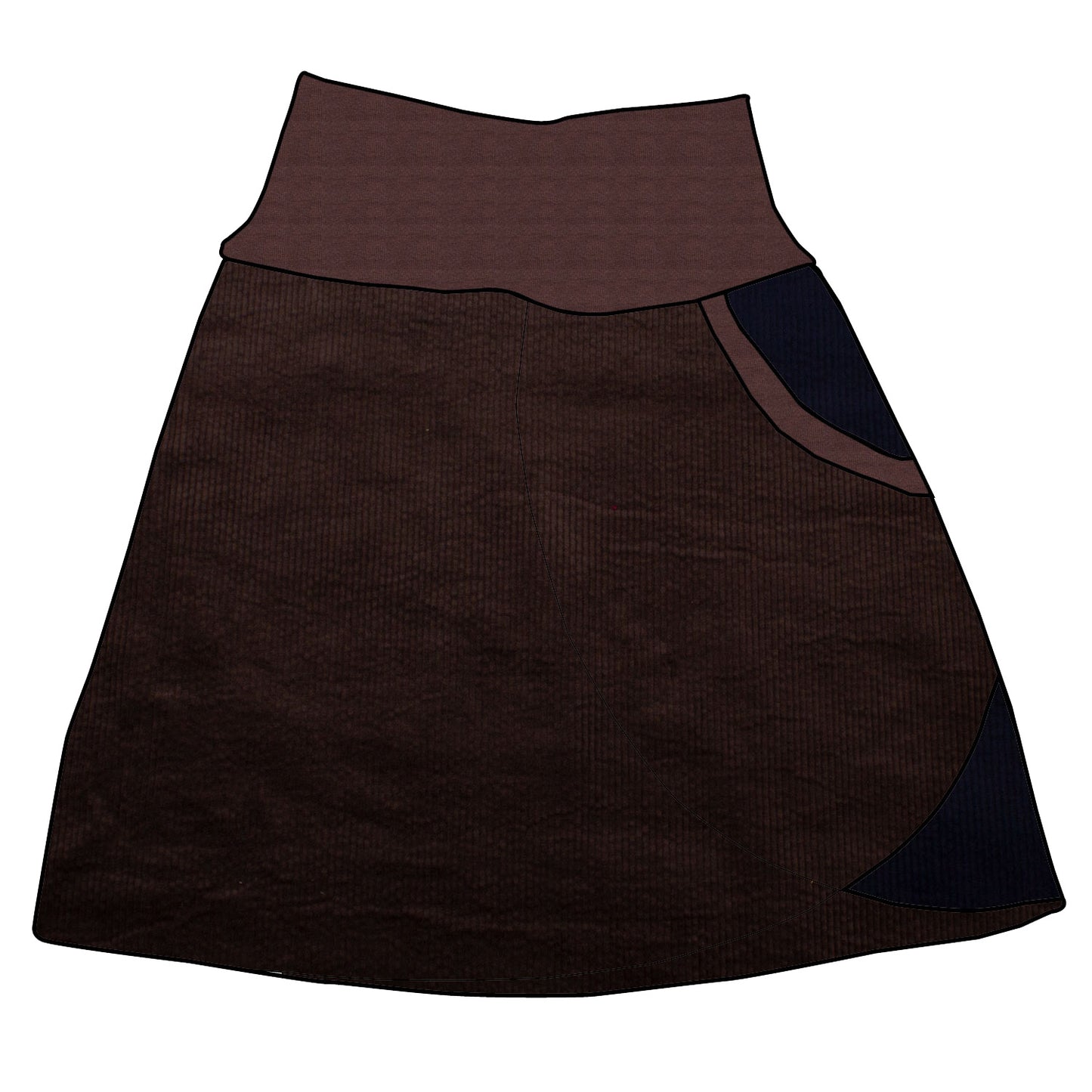 Damen Cordrock / falscher Wickelrock Cord Schokobraun / Dunkelblau