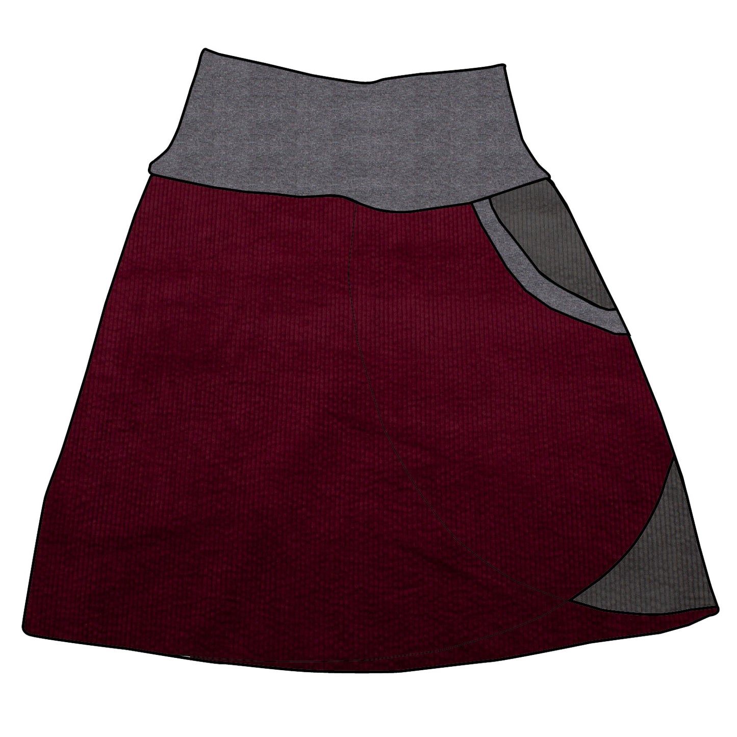 Damen Cordrock / falscher Wickelrock Cord Beere / Dunkelgrau