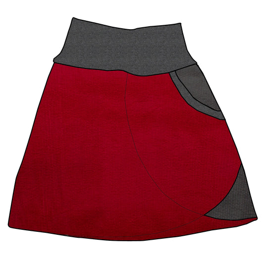 Damen Cordrock / falscher Wickelrock Cord Rot / Dunkelgrau