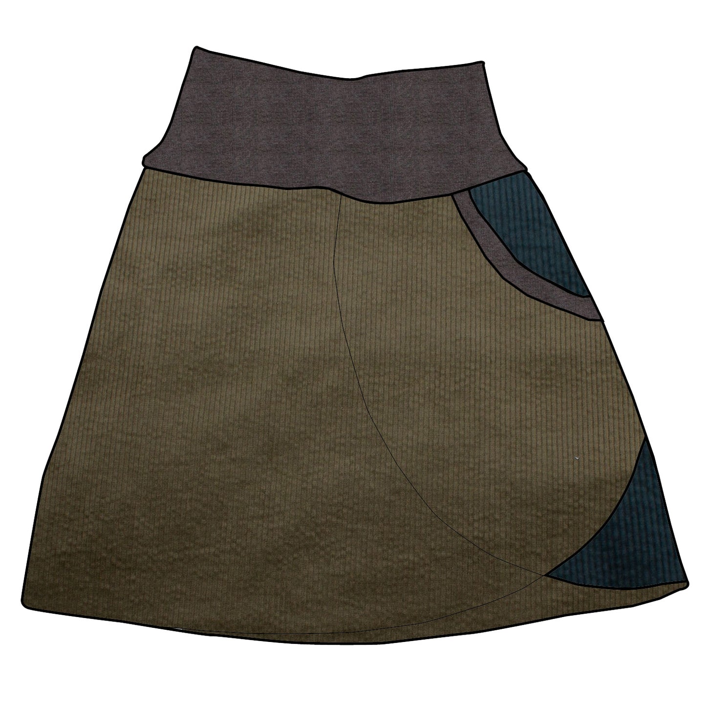 Damen Cordrock / falscher Wickelrock Cord Khaki / Dunkelpetrol
