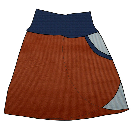 Damen Cordrock / falscher Wickelrock Cord Rostrot / Eisblau