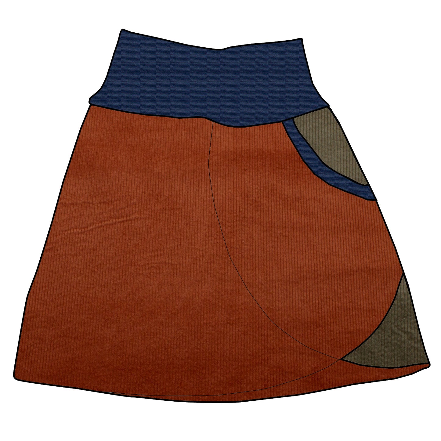 Damen Cordrock / falscher Wickelrock Cord Rostrot / Khaki