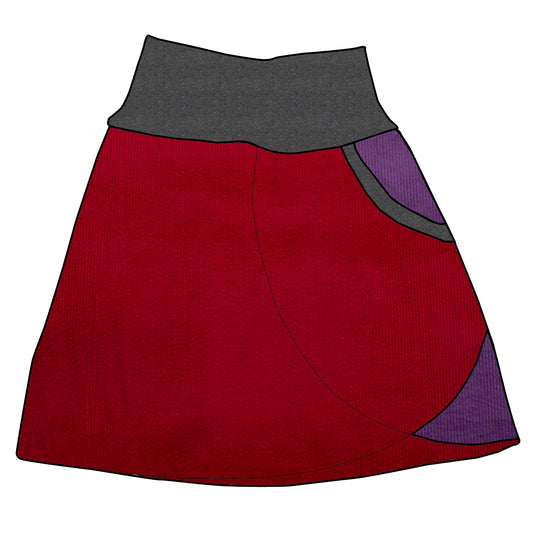 Damen Cordrock / falscher Wickelrock Cord Rot / Lila