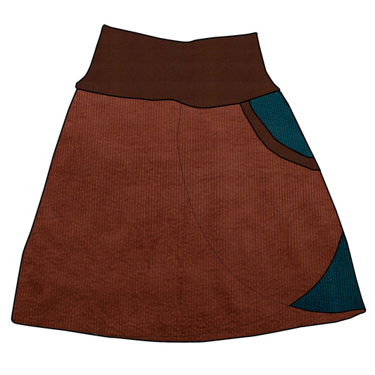 Damen Cordrock / falscher Wickelrock Cord Braun / Petrol