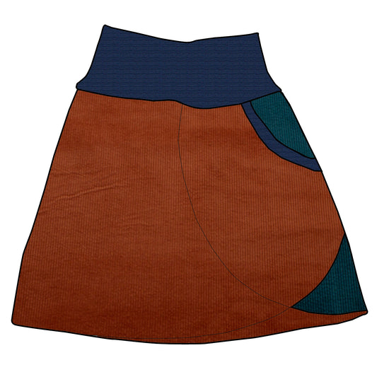 Damen Cordrock / falscher Wickelrock Cord Rostrot / Petrol