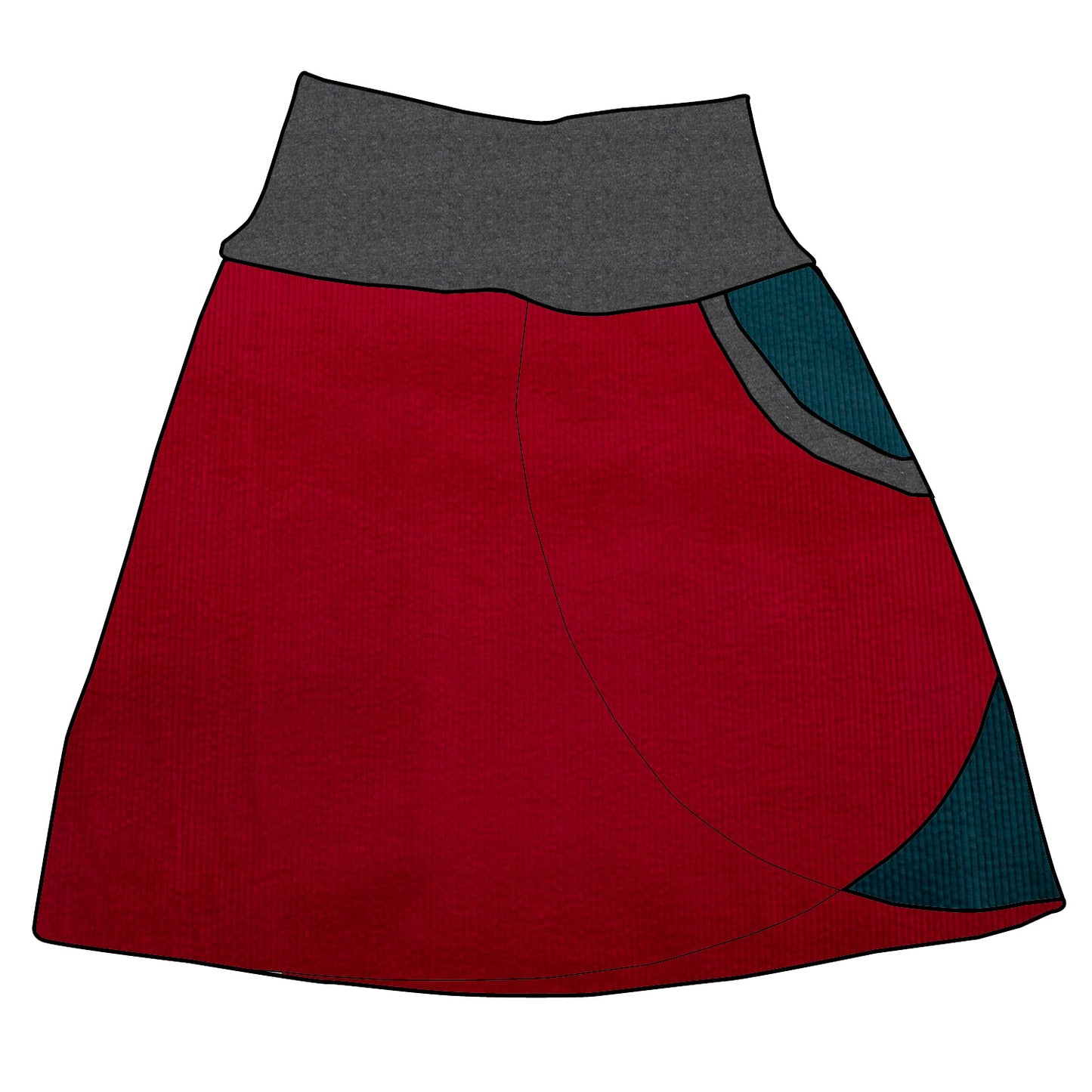 Damen Cordrock / falscher Wickelrock Cord Rot / Petrol